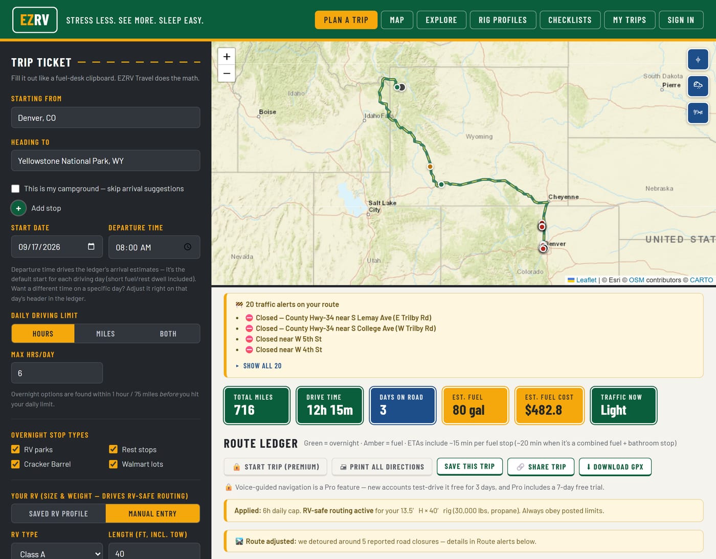 The EZRV Travel trip planner with a Denver to Yellowstone route for a 40-foot Class A: the Trip Ticket form on the left showing a 6-hour daily driving limit and the rig's dimensions, and on the right the RV-safe route drawn on the map with summary tiles reading 716 total miles, 12h 15m drive time, 3 days on road, 80 gallons of fuel, and $482.80 estimated fuel cost.